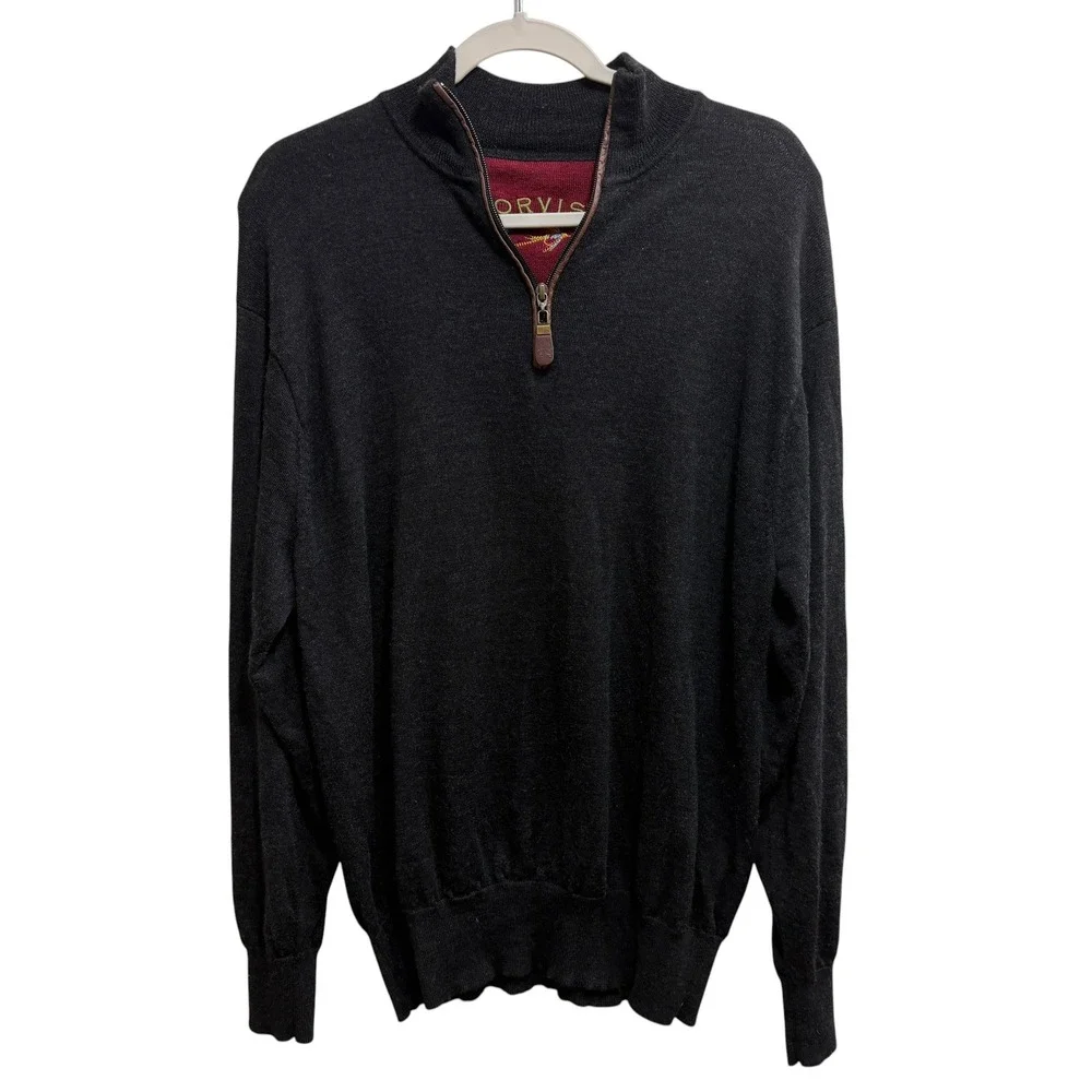 Orvis Mens 100% Merino Wool Quarter Zip Sweater Charcoal Gray Mock Neck Large